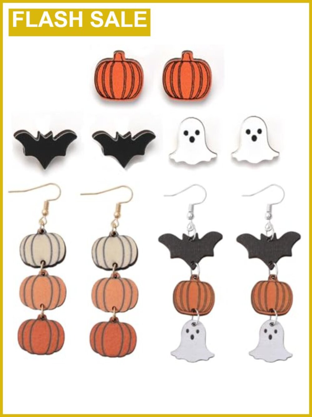 Halloween Wooden Earrings Set Studs Dangle Pumpkin Ghost Bat